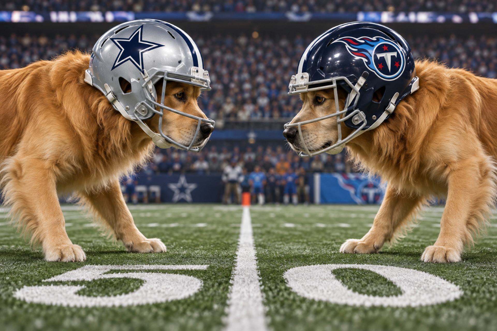 Two golden retrievers wearing Dallas Cowboys and Tennessee Titans helmets facing off on a football field.